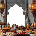 Cultural celebration Arabic food and white frame, creating festive Ramadan ambiance