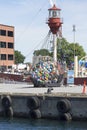 Cultural Centre, Kulturvaerftet and Golden bream, sculpture in the shape of a fish, created by plastic waste, Helsingor, Denmark