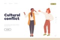 Cultural conflict concept for landing page with angry multiracial women quarrelling and shouting