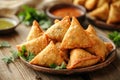 cultural culinary display, a full plate of samosas on a rustic table with indian decor, leaving space for text against a Royalty Free Stock Photo