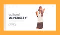 Cultural Diversity Landing Page Template. Arab Schoolgirl Wear National Dress and Rucksack Go School. Arabic Student