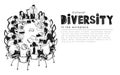 Cultural diversity in the work place, black and white vector hand drawn illustration