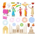 Cultural objects of India. Food, drinks, peoples, monuments, sacred animals.