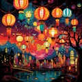 Cultural Radiance: Traditional Lanterns Enveloped in Colorful Stories