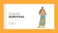 Cultural Survival Landing Page Template. Indian American Girl with Pigtails Hold Chicken in Hands. Indigenous Character