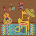 Cultural symbols of Mexico, traditional interior of Mexican house vector illustration