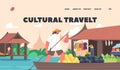 Cultural Travel Landing Page Template. Saleswoman Character on Boat Sell Goods Float by River, Traditional Trading