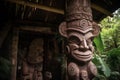 Cultural wooden carvings, like tikis, board paddles or canoe prows and sterns arranged artfully around a thatched roof hut.