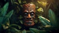 cultural wooden tiki mask on blurred background close up