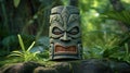 cultural wooden tiki mask on blurred background close up
