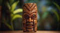 cultural wooden tiki mask on blurred background close up
