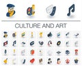 Culture and art isometric icons. 3d vector