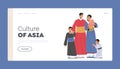 Culture of Asia Landing Page Template. Happy Asian Family Parents and Kids Wear Traditional Kimono. Mother with Baby