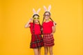 Culture and customs concept. Spring holidays. Children in rabbit bunny ears. Celebrate Easter with school friends