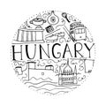 Culture of Hungary. Hand drawn symbols of Hungary. Vector round