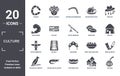 culture icon set. include creative elements as chorizo, cork hat, dumplings, kokoshnik, australian alligator, native american