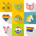 Culture LGBT icons set, flat style