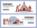 Culture at the north pole vector flyers set, people in traditional Eskimos clothing, igloo, Husky dog, reindeer sleigh