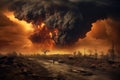 Surreal and apocalyptic landscape view of humanity extinction in fire