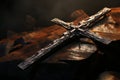 Abstract christian wooden cross in outdoors illustration. Generative AI