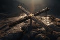 Abstract christian wooden cross in outdoors illustration. Generative AI