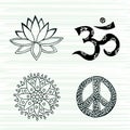 Culture symbols vector set. Lotus, mandala, mantra om and peace signs hand drawn collection.