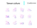 Culture of Taiwan outline icons set. Taiwanese items. Purple gradient symbol. Isolated vector stock illustration