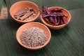 cumin seeds in pottery bowl with dried chilli and spice on banana leaves background Royalty Free Stock Photo