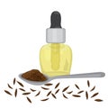 Cumin Zira seeds, powder in a spoon, and essencial oil