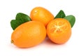 Cumquat or kumquat with leaf isolated on white background close up