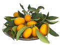 Cumquats, kumquats in bowl, orange fruits and green leaves isolated on white background. Royalty Free Stock Photo