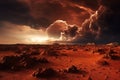 Cumulonimbus clouds above rusty red Mars landscape during terraforming planet. Generative AI