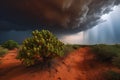 Cumulonimbus clouds above rusty red Mars landscape during terraforming planet. Generative AI