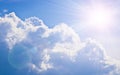 Cumulus and cirrus clouds and bright sunbeams against the blue sky. Atmospheric phenomenon, weather, summer