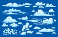 Cumulus clouds. Cartoon game UI 2D asset, summer cloudy sky background, sprite set of vapor fog mist and smoke. Vector