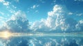 Cumulus clouds over the liquid horizon as the sun shines on the ocean Royalty Free Stock Photo