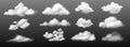Cumulus clouds. Realistic white summer cloudscape elements. Sky condensation precipitation mockup on transparent