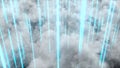 Cumulus dense clouds and neon direct rays, computer generated. View from above. 3d render realistic background.