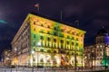 The Cunard Building in Liverpool lights up yellow to celebrate National Day of Reflection