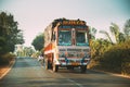 Cuncolim, Goa, India. Painted Truck Moving On Road Freeway Motorway.