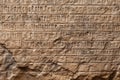 Cuneiform of Ancient Babylon carved on stone wall, fiction view. Damaged old rock with Assyrian and Sumerian writing. Concept of Royalty Free Stock Photo