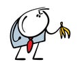 Cunning businessman is planning a meanness for competitor. Vector illustration of a man in business suit holding banana