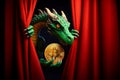 cunning green dragon holds a golden bitcoin in its paw, looking out from behind the red curtain of the theater wings