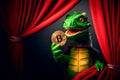 cunning green dragon holds a golden bitcoin in its paw, looking out from behind the red curtain of the theater wings