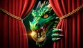 cunning green dragon holds a golden bitcoin in its paw, looking out from behind the red curtain of the theater wings