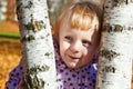 Cunning little girl with birch Royalty Free Stock Photo
