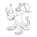 Cunning octopus-pirate with a bottle of alcohol in the tentacles. Drunk.