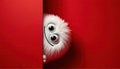 cunning plush white monster peeks from a corner, bright red background adding playful mischief