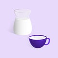 glass jug of milk and purple cup