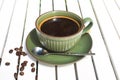 Cup of Americano with spoon and sugar on wooden white table side view Royalty Free Stock Photo